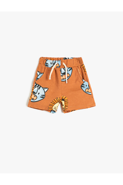 Shorts Cotton Tie Waist Lion Printed Pocket