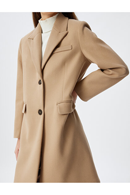 Koton Long Double-Breasted Cashmere Coat with Buttons and Pockets
