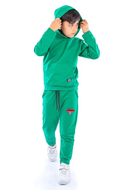New Design Kangaroo Pocket Hooded Children's Tracksuit Mnk10073 Green