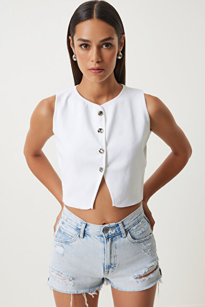 トップス Game Vest - Blend spun Happiness İstanbul Women's Ecru Stylish Buttoned Crop Knitwear