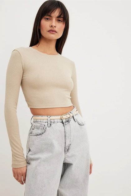 Women's Ribbed 100% COTTON Crew Neck Knitted Camisole Long Sleeve Crop Blouse