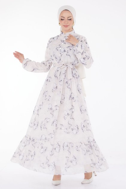 Rochie gri cu imprimeu floral pentru femei, cu guler drept - 25414