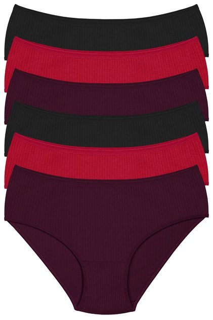 100% Cotton, High Waist, Ribbed, 6-Piece Women's Briefs 2 Black, 2 Claret Red, 2 Plum