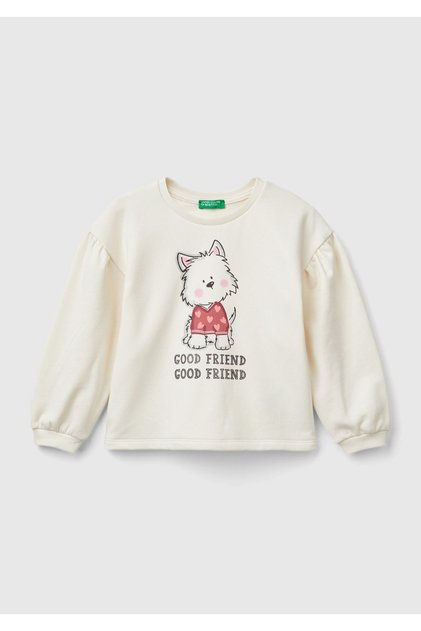 Girl's ecru sweatshirt with logo detail on the back and Printed balloon sleeves