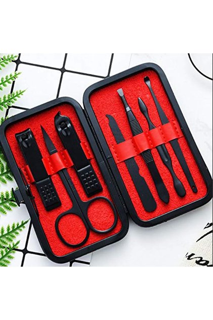 Set of 7 Black-Red Professional Stainless Steel Portable Bag and Travel Size Manicure