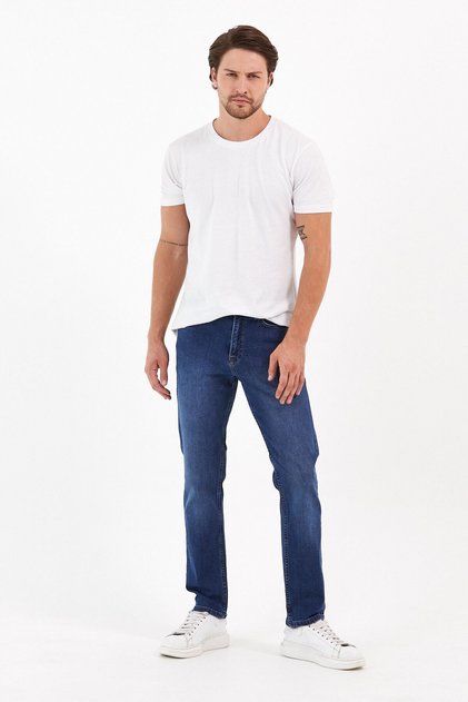 Regular Cut Zippered Wide Leg High Waist Men's Dark Blue Dad Jeans