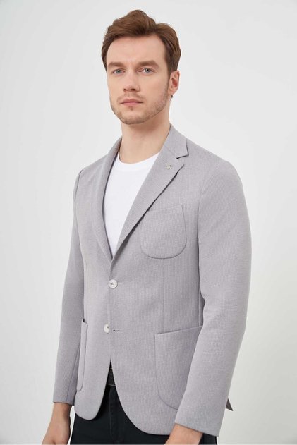 Erkek Gri Örme Slim Fit Torba Cep Mono Yaka Spor Ceket