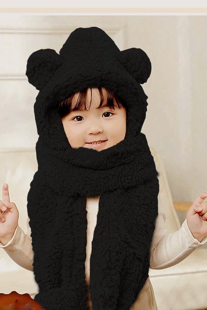 Babykid Siyah Çocuk Balaklava Kapşonlu Peluş Bere Atkı Eldiven Welsoft Rüzgar Geçirmez Kulaklı Şapka