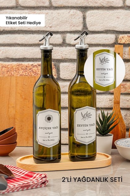 Ahşap Stantlı 2'li Yağ Şişesi - Zeytinyağı Sıvıyağ Şişesi - Dekoratif Yağdanlık Yağlık 750 ml