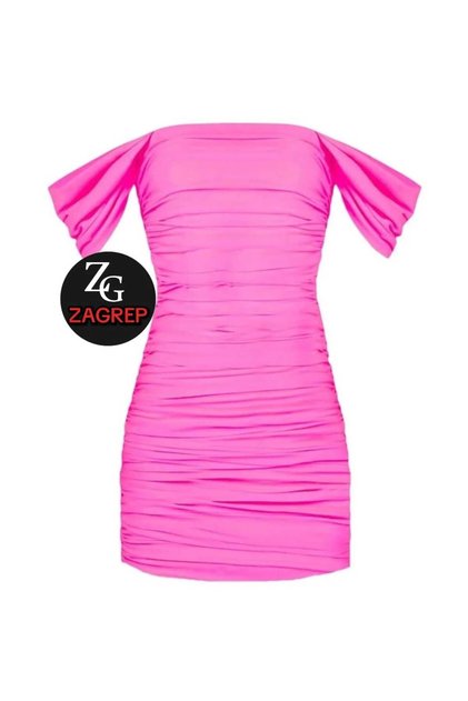 Women's pink draped mini dress with ruched sleeves, lining, and concealed zipper.
