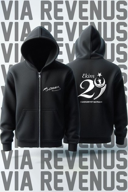 29 October & Atatürk Front and Back Printed Unisex Zippered Hooded Sweatshirt Cardigan