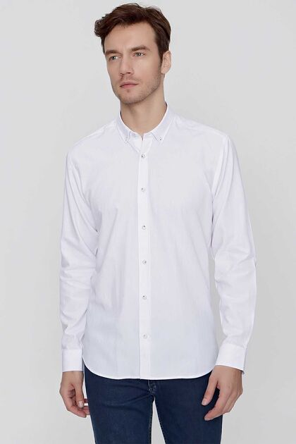 Men's White Cotton Mini Oxford Slim Fit Slim Fit Shirt