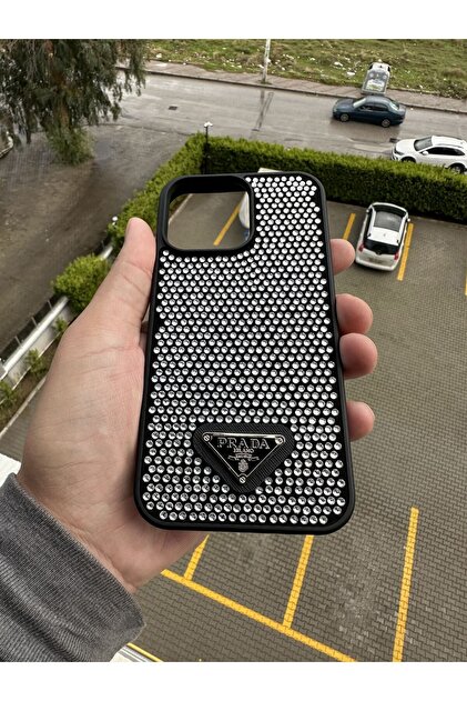 casehometr İphone 14 Promax Uyumlu Prada Taşlı Siyah Silikon Kılıf