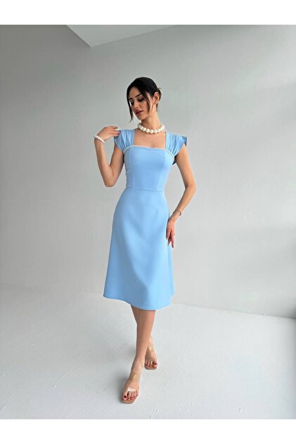 maf collection Blue Pearl Detailed Midi Evening Dress