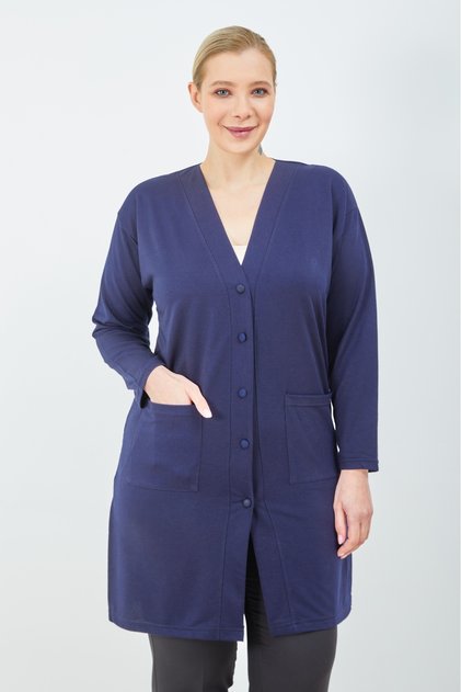 Women's Navy Blue Buttoned Pocket Plus Size Mother's Long Combed Cotton Cardigan