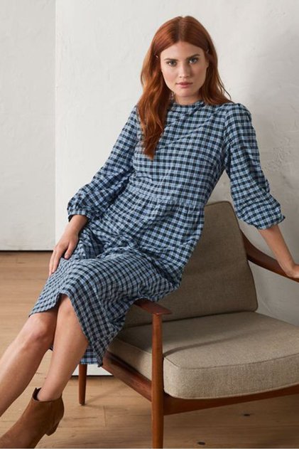 Women Gingham 3/4 Sleeve Midi Dress, Blue