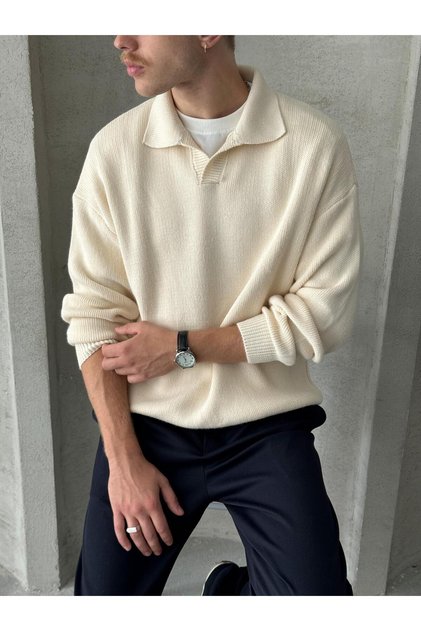 Erkek Polo Yaka Örme Oversize Kazak