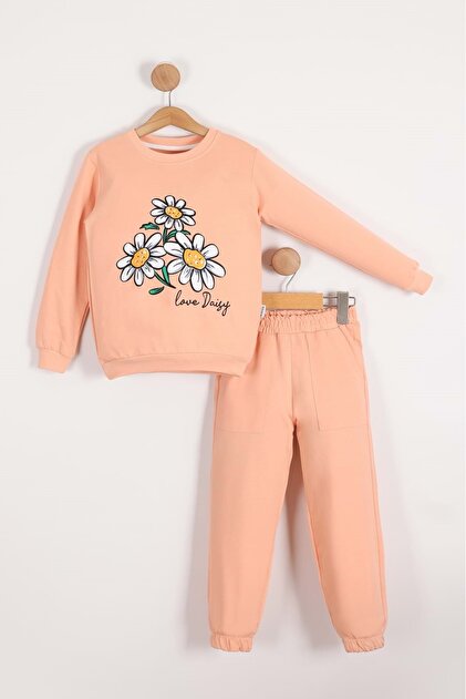 Daisy Motif Girls' Tracksuit Mnk0620 Somon