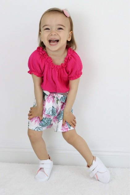 Palm Tree Pattern Muslin Fabric Girls' Suit with Shorts TF7355 Fuchsia