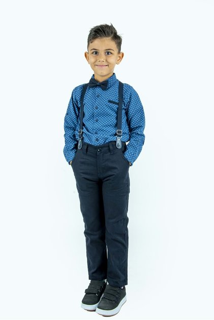 Long Pants Dark Patterned Shirt Boys' Set Mnk0301 Indigo