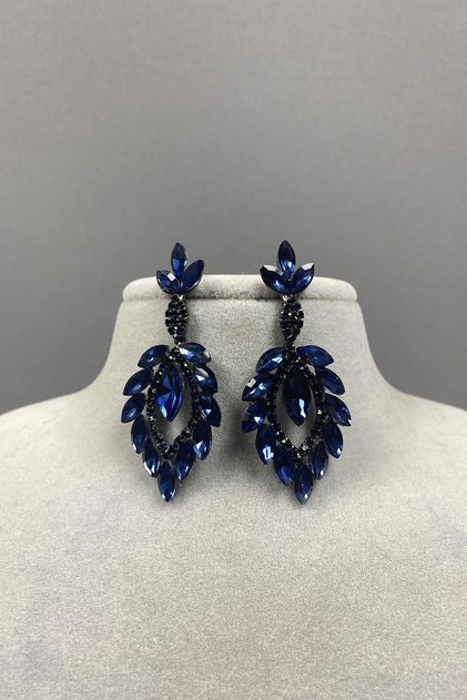 Navy Blue Shuttle Duru Leaf Patterned Stone Evening Dress Earrings