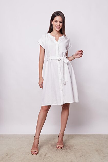 Jument White Knee-Length Casual Dress - Linen Blended, Prevailing Collar,  Off-Shoulder, Waist Lace-Up and Button- Trendyol