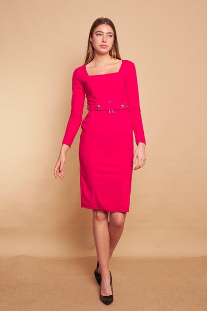 Lycra Crepe Fabric Square Collar Long Sleeve Waist Accessory Belted Front Slit Office Dress - Fuge