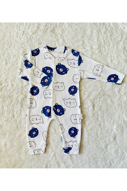 Blue Teddy Bear Figured Corduroy Baby Boy Cotton Fabric Jumpsuit with Snap Fasteners