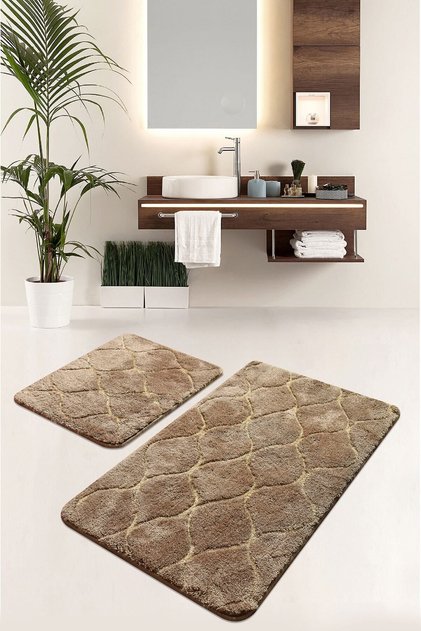 Infınıtıy Karamel Set of 2 Bathroom Rug Mat Set, Toilet Seat Set