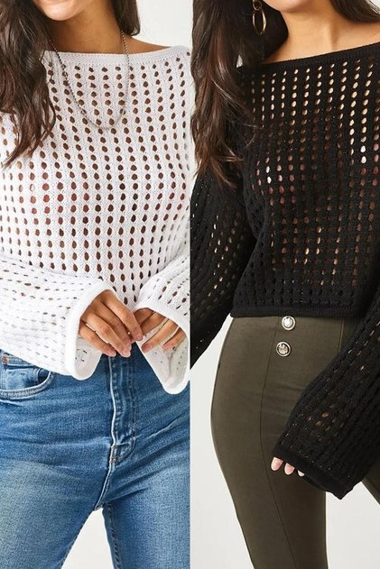 Women's Black-White 2-Pack Spanish Sleeve Wide Collar Openwork Loose Hole Crop Knitwear Blouse