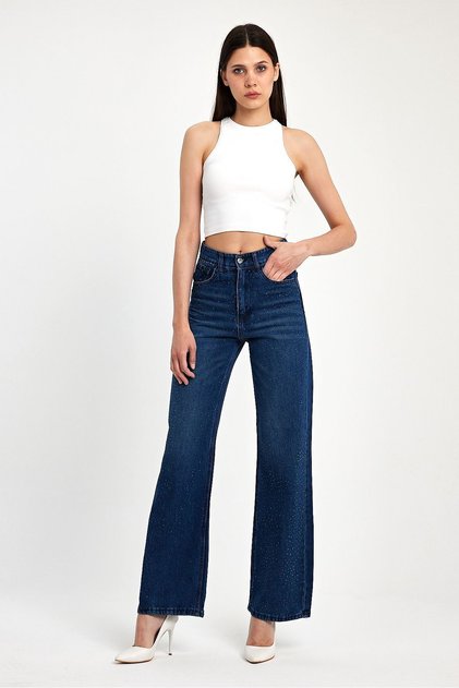 Dark blue women's 100% cotton full shine stone detailed denim jean pants