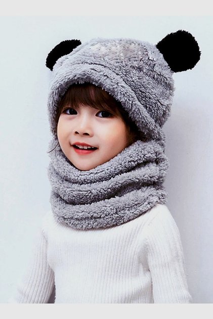Panda Gri Çocuk Balaklava Kapşonlu Peluş Bere Atkı Welsoft Boyunluk Rüzgar Geçirmez Kulaklı Şapka