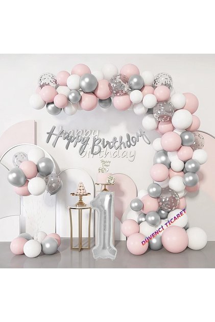 Lüks 1 Yaş Gümüş Makaron Pembe Doğum Günü Balon Zincir Set