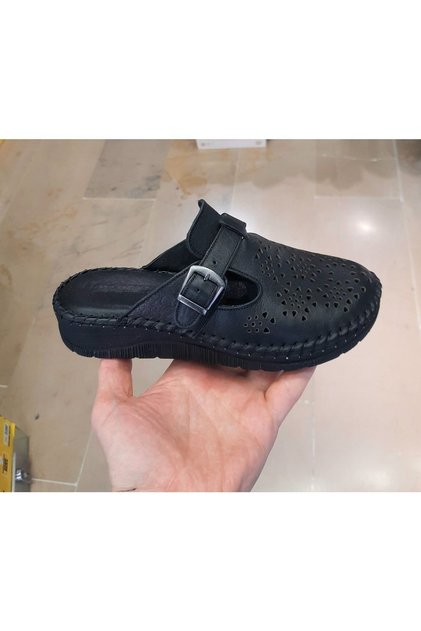 Women's Inside-Outside Genuine Leather Orthopedic Massage Sole Closed Front Black Perforated Slippers