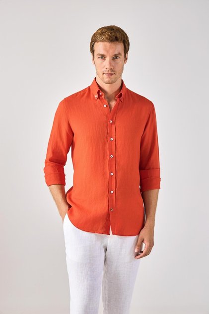 Collared Buttoned 100% Linen Comfort Fit Orange Men's Shirt
