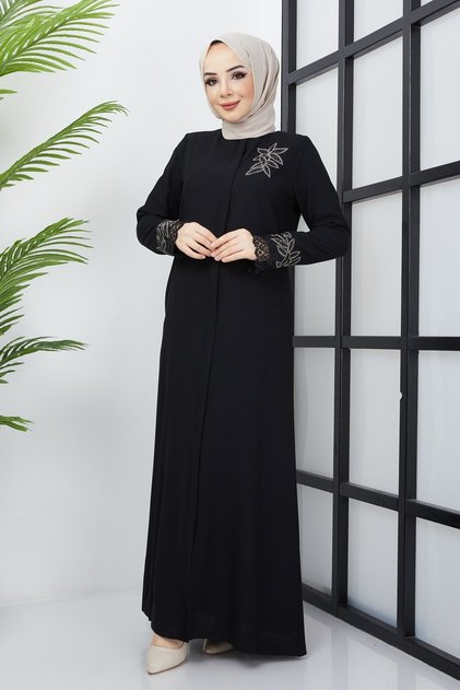 Ferace negru cu dantelă de mărime mare, cu detalii de broderie cu pietre