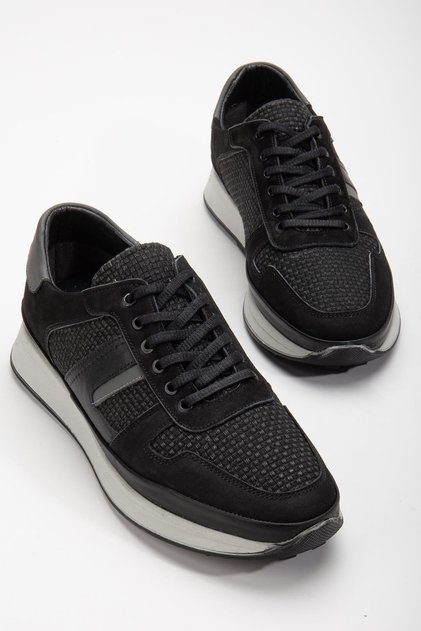 Genuine Leather Linen Material Poly Sole Lace-Up Black Men's Casual Shoes