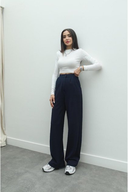 Navy Blue Double Pleated Palazzo Trousers