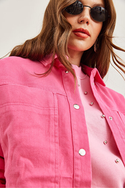 Olalook Women's Fuchsia Bag Pocket Oversize Gabardine Shirt Gml