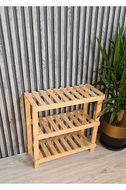 Wood's Ahşap Dekoratif 3'lü Doğal Ahşap Ayakkabılık, Antre, Balkon Düzenleyici Raf
