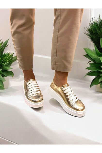 Women's Gold Genuine Leather Sports Sneaker Lace-Up Daily Use Soft Lightweight & Comfortable Sole
