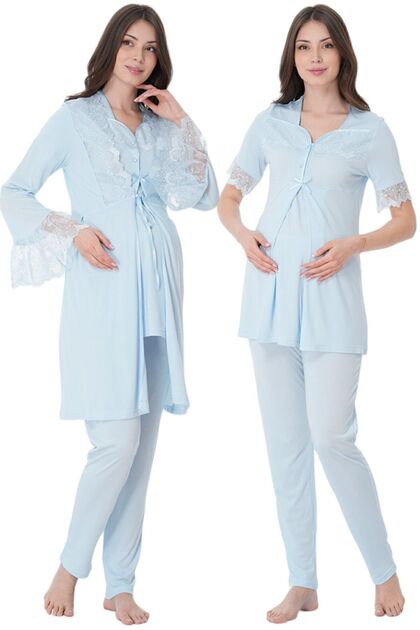 Effortt Maternity Maternity Pajama Set with Blue Dressing Gown