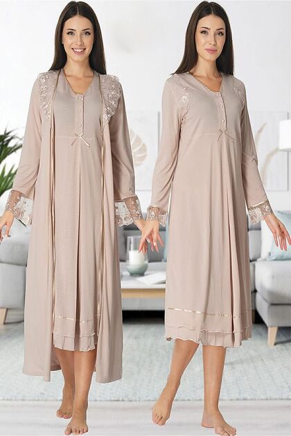 Zerre Bebe Women's Milk Coffee Maternity Long Sleeve Dressing Gown Nightgown Set