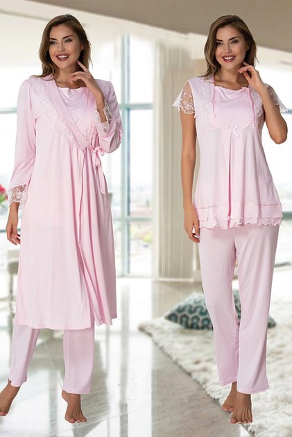Women's Pink Lace Detailed Maternity Pajamas Set with Dressing Gown