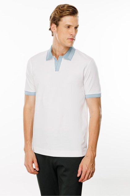 Men's Polo Collar T-Shirt with Striped Sleeves and Collar, White