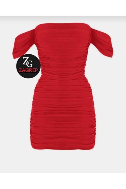 Women's Red Draped Gathered Lined Sleeve Detailed Mini Dress