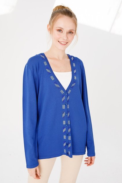 Women's Collar Colorful Stone Printed Thin Knitwear Cardigan Cobalt Blue