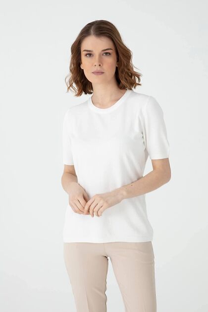 Women's Bone Stretch Fabric Short Sleeve Crew Neck Plain Blouse