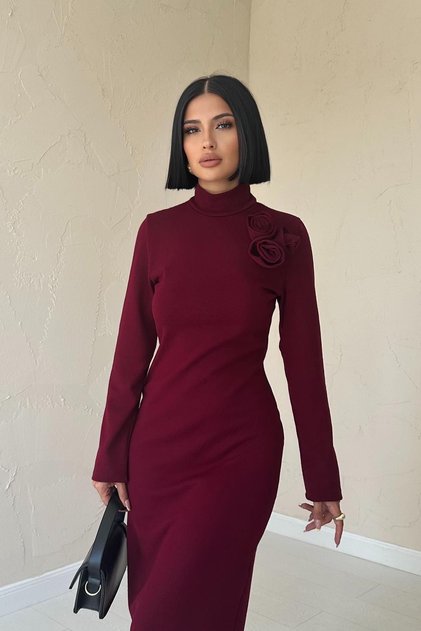 Shoulder Rose Plain Dress - Burgundy