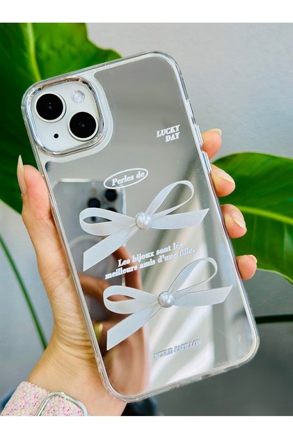 iPhone 14 Plus - 15 Plus Compatible Mirror Bow Design Edges Silicone Case